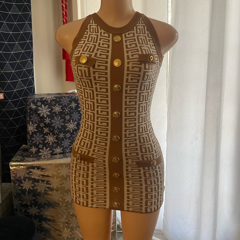 Immodel Brown and White Geometric Pattern Dress stretch Small bodycon logo